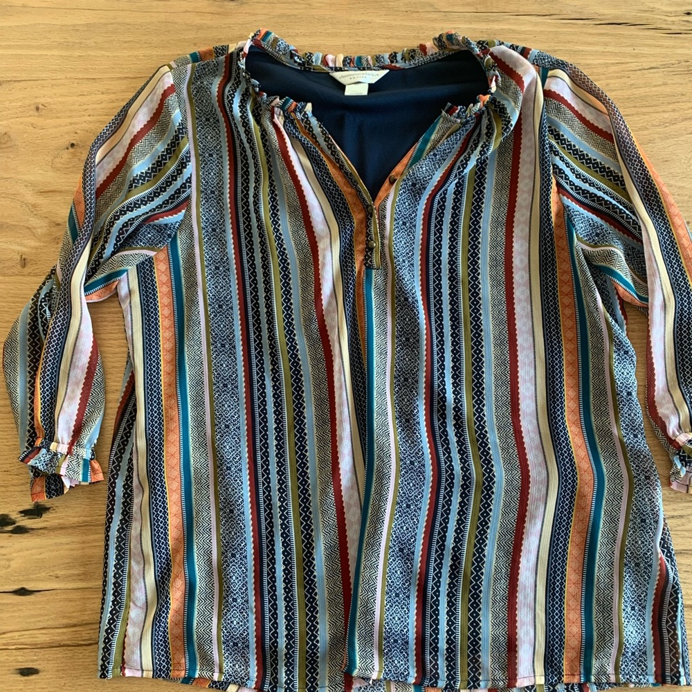 Christopher‎ & Banks 3/4 Sleeve Ruffle Stripe Polyester Multicolor Women’s P/L